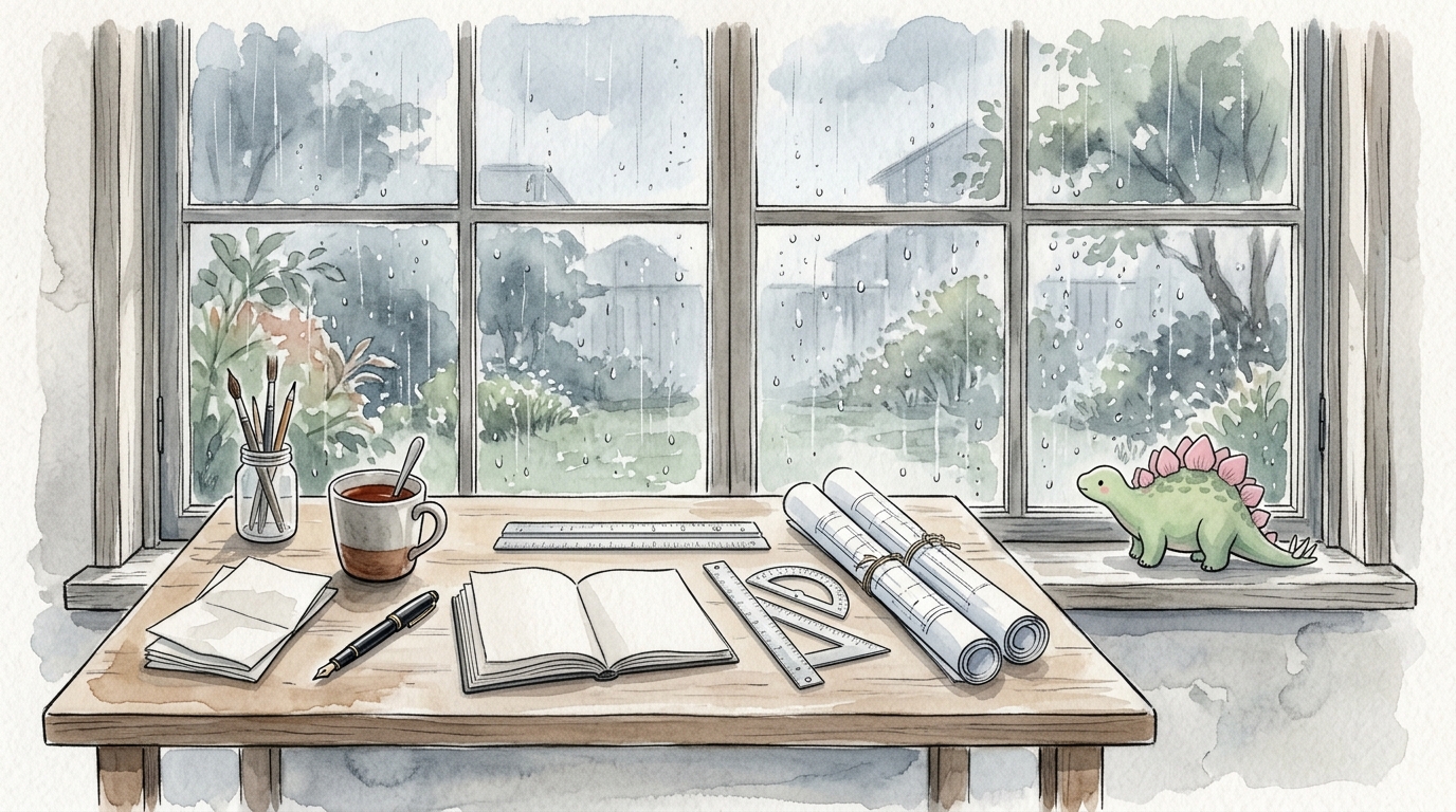 An ink and wash watercolor style illustration of a writer's wooden desk overlooking a calm rainy window, with drafting tools, open notebooks, a warm cup, and a small green stegosaurus with pink spikes resting peacefully on the windowsill.