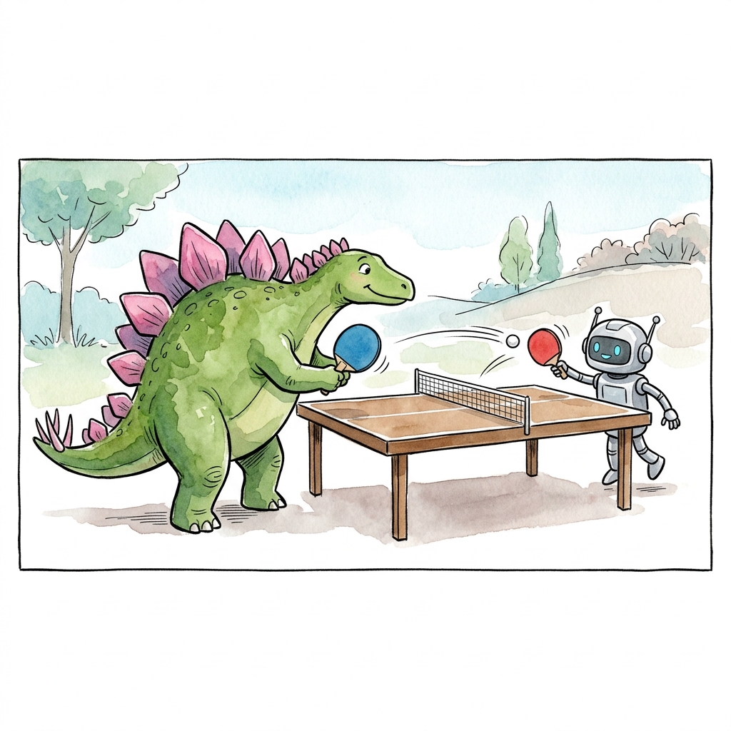 An ink and wash watercolor style illustration of a green stegosaurus with pink spikes playing ping pong with a friendly small silver robot.