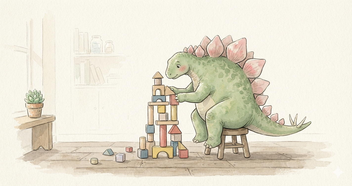An ink and wash watercolor style illustration of a green stegosaurus with pink spikes holding a hammer and building a simple wooden structure.